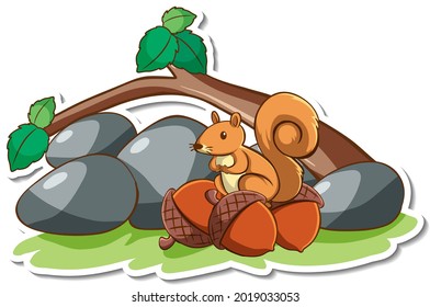 Cute squirrel standing on a branch sticker illustration