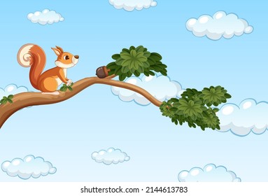 Cute squirrel standing on branch illustration