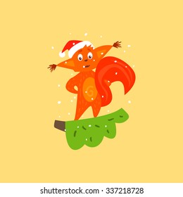 Cute Squirrel Standing on a Branch. Christmas Vector Illustration