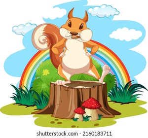 Cute squirrel standing on wooden log illustration
