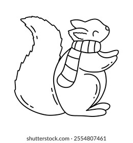 Cute squirrel in striped scarf. Winter season, Christmas and New Year time. Black and white vector isolated illustration hand drawn doodle. Postcard or poster