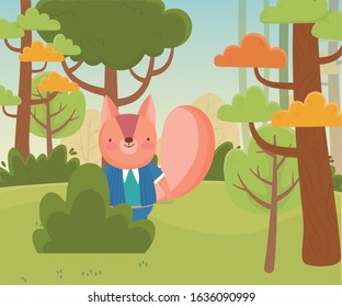cute squirrel with suit in the forest foliage nature landscape vector illustration