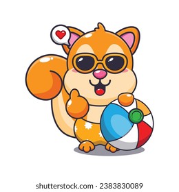 Cute squirrel in sunglasses with beach ball cartoon illustration. Cute summer cartoon illustration. 