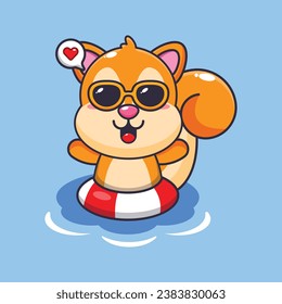 Cute squirrel in sunglasses swimming on beach. Cute summer cartoon illustration. 