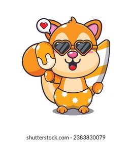 Cute squirrel with surfboard holding ice cartoon illustration. Cute summer cartoon illustration. 