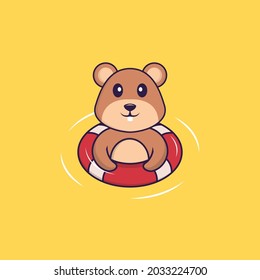 Cute squirrel is Swimming with a buoy. Animal cartoon concept isolated. Can used for t-shirt, greeting card, invitation card or mascot.