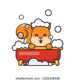 Cute squirrel taking bubble bath in bathtub cartoon vector illustration