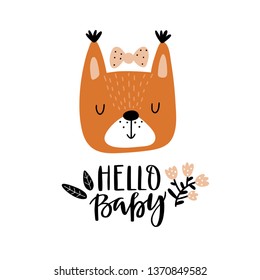 Cute squirrel and text - hello baby. Baby shower card or poster for nursery or kids room, T-shirt design in vector.