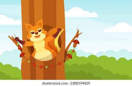 Cute Squirrel in Tree Hollow Peeking and Smiling Vector Illustration