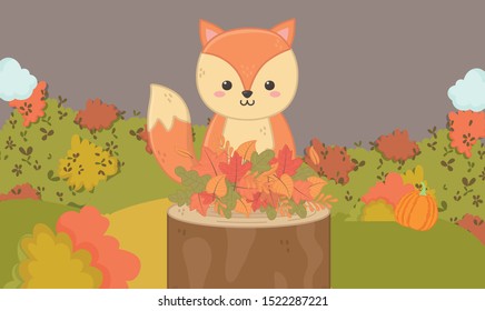 cute squirrel in the trunk with leaves hello autumn vector illustration