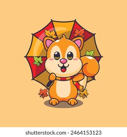 Cute squirrel with umbrella at autumn season. Mascot cartoon vector illustration suitable for poster, brochure, web, mascot, sticker, logo and icon.