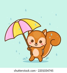 cute squirrel under the umbrella in the rain