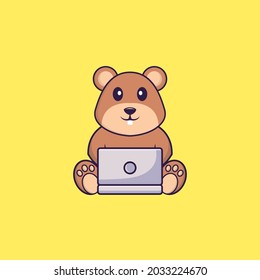 Cute squirrel using laptop. Animal cartoon concept isolated. Can used for t-shirt, greeting card, invitation card or mascot.
