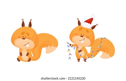 Cute squirrel various activities set. Lovely forest animal character wearing Santa Claus hat holding garland vector illustration