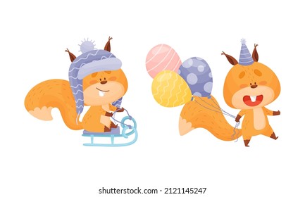 Cute squirrel various activities set. Funny forest animal characters enjoying sleigh ride and celebrating birthday vector illustration