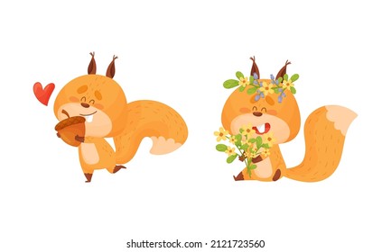 Cute squirrel various activities set. Lovely forest animal character with acorn and bouquet of flowers vector illustration