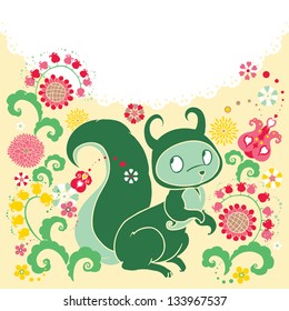 Cute Squirrel Vector Animal . Floral background, spring theme, greeting card. Template design can be used for packaging, invitations, Birthday decoration,bag template, print for  mag cup and etc.