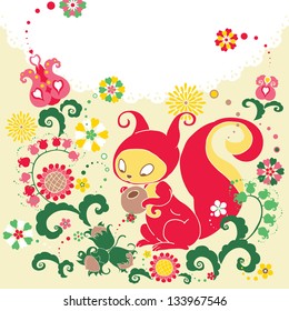 Cute Squirrel Vector Animal with Nut. Floral background,spring theme, greeting card. Template design can be used for packaging,invitations,Birthday decoration,bag template, print for  mag cup and etc.
