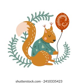 Cute squirrel. Vector children's illustration with forest animal. Squirrel with balloon. Postcard, print for clothes, printing. White isolated background.