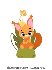 Cute squirrel. Vector childrens poster, card. Cute squirrel sitting in the forest