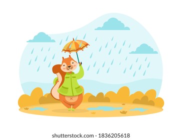 Cute Squirrel Walking with Umbrella under the Rain, Adorable Wild Animal Character on Autumn Landscape Cartoon Vector Illustration