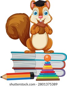 A cute squirrel wearing a mortarboard holds an acorn atop school books and toys.