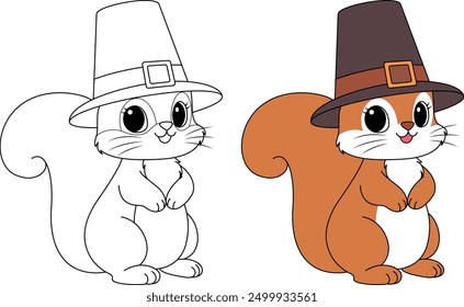 Cute squirrel wearing pilgrim hat outline coloring page. Thanksgiving colouring clip art