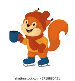 Una linda ardilla con una bufanda roja y patines de hielo sosteniendo una taza de bebida caliente. Ilustración en un estilo de Vector plano. El personaje es adecuado para carteles, postales, anuncios de pistas de patinaje y vacaciones de invierno.