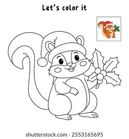 Ardilla linda que lleva un sombrero de santa con hojas de baya de acebo para colorear de Navidad para los niños. Trazo y Navidades de color de carácter. Hoja de trabajo de Festiva Seasons imprimible para niños. Hoja de trabajo de Navidades.