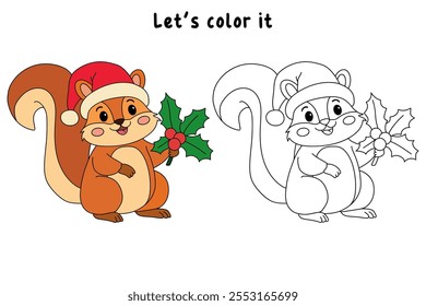 Cute squirrel wearing a santa hat with holly berry leaves christmas coloring pages for kids. Trace and color Christmas character. Holiday seasons worksheet printable for kids. Christmas worksheet.