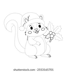 Cute squirrel wearing a santa hat with holly berry leaves christmas coloring pages for kids. Trace and color Christmas character. Holiday seasons worksheet printable for kids. Christmas worksheet.