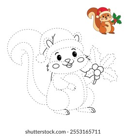 Cute squirrel wearing a santa hat with holly berry leaves christmas coloring pages for kids. Trace and color Christmas character. Holiday seasons worksheet printable for kids. Christmas worksheet.