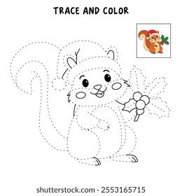 Cute squirrel wearing a santa hat with holly berry leaves christmas coloring pages for kids. Trace and color Christmas character. Holiday seasons worksheet printable for kids. Christmas worksheet.