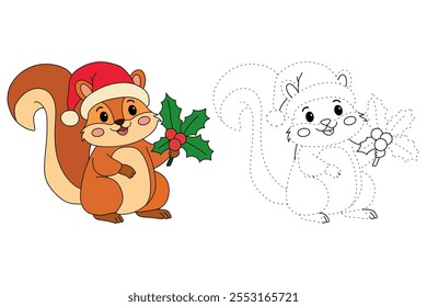 Cute squirrel wearing a santa hat with holly berry leaves christmas coloring pages for kids. Trace and color Christmas character. Holiday seasons worksheet printable for kids. Christmas worksheet.