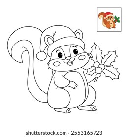 Cute squirrel wearing a santa hat with holly berry leaves christmas coloring pages for kids. Trace and color Christmas character. Holiday seasons worksheet printable for kids. Christmas worksheet.