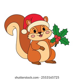 Cute squirrel wearing a santa hat with holly berry leaves christmas coloring pages for kids. Trace and color Christmas character. Holiday seasons worksheet printable for kids. Christmas worksheet.