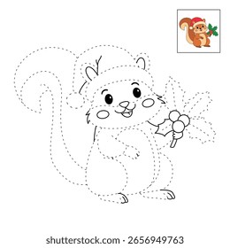 Ardilla linda que lleva un sombrero de santa con hojas de baya de acebo para colorear de Navidad para los niños. Trazo y Navidades de color de carácter. Hoja de trabajo de Festiva Seasons imprimible para niños. Hoja de trabajo de Navidades.
