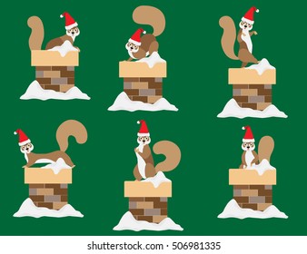 Cute squirrel wearing Santa hat on top of chimney on green background. 
