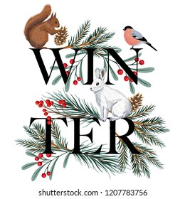 Cute squirrel, white rabbit, bullfinch, pine branch, cone floral winter composition.Woodland animal winter illustration.