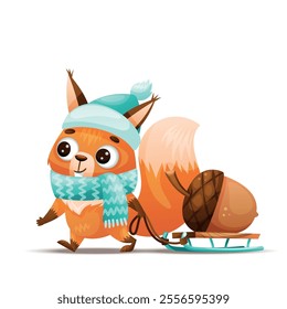 A cute squirrel in winter gear joyfully pulls a sled filled with an acorn, evoking festive seasonal themes