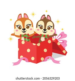 Cute squirrels in Christmas present box. Flat vector cartoon design