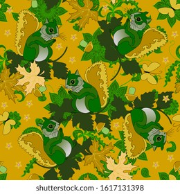 Cute squirrels in forest with leaves and flowers. Seamless pattern in green and yellow colors.