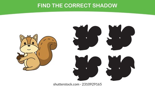 Cute squirrels. found the correct shadow. Kids Education games. Cartoon vector illustration