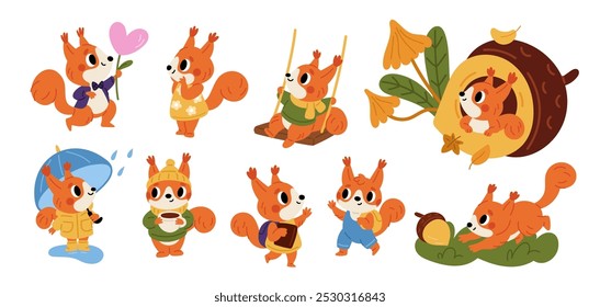 Cute squirrels. Funny little animals. Redhead fluffy mascots. Cartoon autumn forest characters. Happy mammal with backpack or umbrella. Different poses and actions