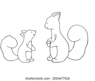 Cute squirrels line illustration on white background. Squirrels outline. Logo symbol vector outline design illustration. Coloring book page, cow outline. Squirrels Line art. Coloring book page. 