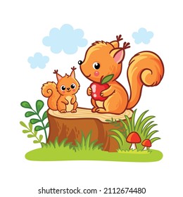 Cute squirrels mom and baby are sitting on a wooden stump on a white background. Vector illustration with forest animals in cartoon style.