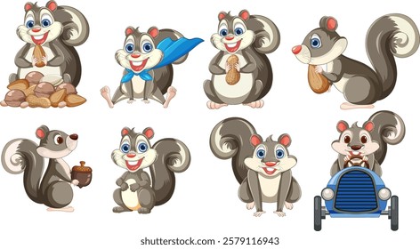Cute squirrels with nuts and a tiny car