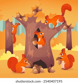 Cute squirrels on forest edge. Funny animals playing and laughing, climb trees, collect acorns, food supplies for winter, kids card, poster or cover cartoon flat style isolated vector concept