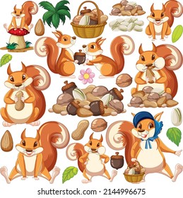 Cute Squirrels And Pile Of Nuts Illustration