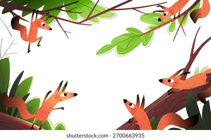 Esquilos bonitos Jogando em galhos de árvore na floresta. Grupo de esquilos se reunindo na árvore da floresta. Cena com animais e copyspace no meio. Animais selvagens na ilustração do vetor da natureza.